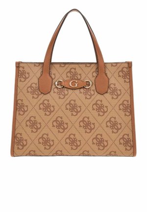 Sac fourre-tout beige et marron à motifs avec doubles anses, ornée d’un logo "G" stylisé répété et d’un emblème "G" en métal central avec des détails en cuir.