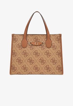 Sac fourre-tout beige et marron à motifs avec doubles anses, ornée d’un logo "G" stylisé répété et d’un emblème "G" en métal central avec des détails en cuir.