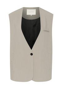 Beiger ärmelloser Weste mit tiefem V-Ausschnitt, vorderem Knopfverschluss und zwei seitlichen Taschen; schwarzes Streifenfutter. Glatte Stoffoberfläche.