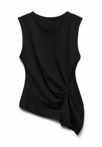 Crna majica bez rukava s okruglim izrezom, sa zavrtnjom na lijevoj strani i mekanom, glatkom teksturom tkanine.