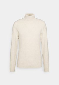 Suéter de cuello alto beige hecho de un suave material de punto, con mangas largas y un cuello ajustado. Diseño simple sin patrones ni acentos.