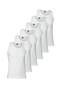 Set of six white tank tops made from cotton, featuring a round neck and sleeveless design, with a smooth texture and no patterns.