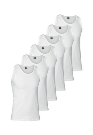 Sæt bestående af seks hvide tanktops lavet af bomuld, med rund hals og ærmeløs design, med en glat tekstur og uden mønstre.