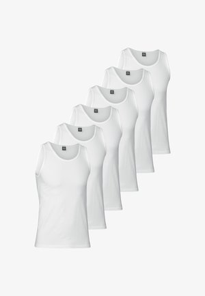 Sæt bestående af seks hvide tanktops lavet af bomuld, med rund hals og ærmeløs design, med en glat tekstur og uden mønstre.