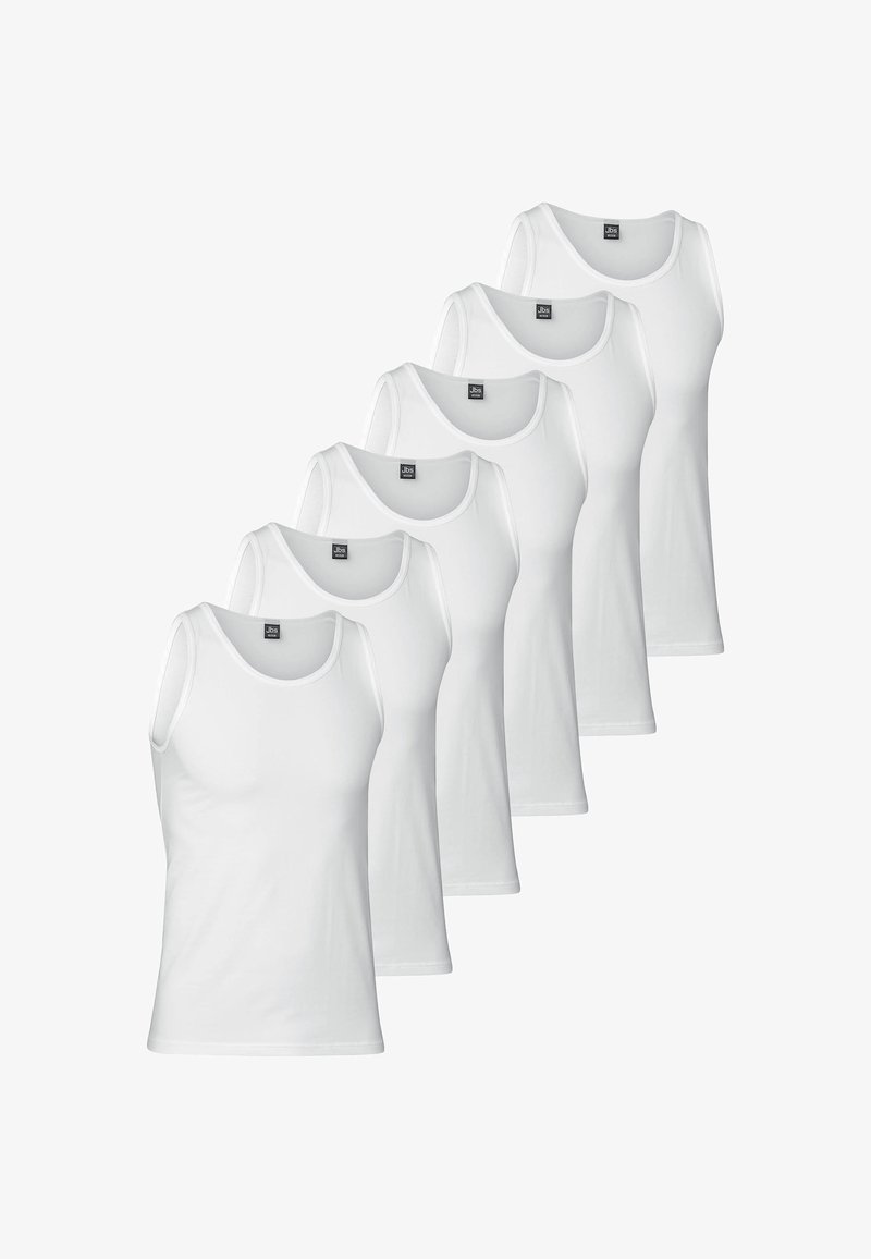 Set of six white tank tops made from cotton, featuring a round neck and sleeveless design, with a smooth texture and no patterns.