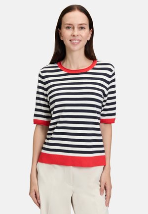 Navy- und weiße gestreifte Kurzarm-Jacke mit rotem geripptem Kragen und Saum. Weiches Strickmaterial mit einer lockeren Passform.