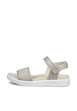 Hellgraue Sandale mit offenem Zehenbereich, gepolsterter Sohle, verstellbarem Knöchelriemen und niedrigem weißem Plateauabsatz.