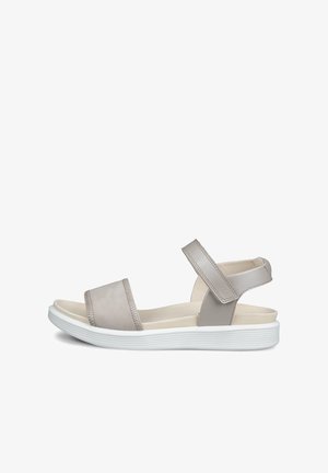 Light gray open-toe sandal with cushioned sole, adjustable ankle strap, and low white platform heel.
