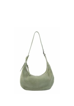 Hellgrüne strukturierte Schultertasche mit einem einzelnen Riemen und Reißverschlussdetail, leicht gebogenem Boden und abgerundeter Form.