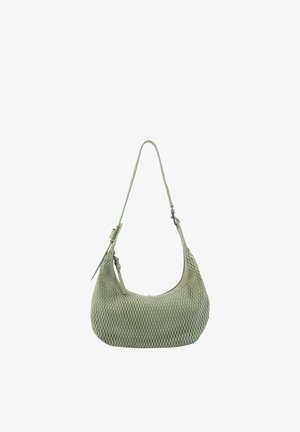 Hellgrüne strukturierte Schultertasche mit einem einzelnen Riemen und Reißverschlussdetail, leicht gebogenem Boden und abgerundeter Form.