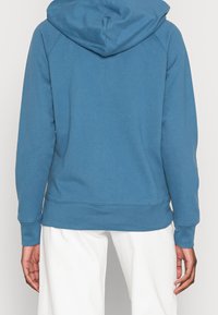 Felpa con cappuccio in morbido cotone blu chiaro, dalla vestibilità rilassata, con polsini e orlo a coste. La vista posteriore mostra una leggera texture e dettagli di cucitura minimi.
