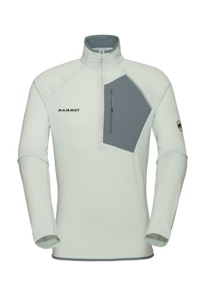 Light green pullover with a half-zip, textured fabric, and a gray chest pocket. Features long sleeves and a high collar. Brand: Mammut.