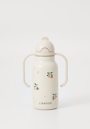 Bottiglia d'acqua in acciaio inossidabile color crema con illustrazioni di pesche, coperchio in silicone e due maniglie ergonomiche. Marchio stampato in blu scuro.