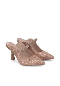 Tacchi a slingback rosa con design a intaglio e strass decorativi sulla cintura. Presentano una punta affusolata e un tacco basso a blocco.