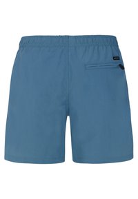 Blå mænds badeshorts med elastisk talje og lynlåslomme på højre bagside.