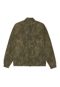 Back view of a long-sleeve, olive green jacket with an abstract dark camouflage pattern and elastic cuffs.