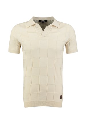 Beige short-sleeve polo shirt with textured square pattern, ribbed cuffs, collar, and a small brown logo patch near the hem.