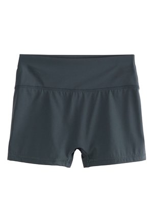 Sötétszürke fürdőnadrág, sima, rugalmas anyagból. Rugalmas derékpánttal és varrott szegélyekkel rendelkezik. Középmagasságú, a comb közepéig ér. Látható minták nélkül.