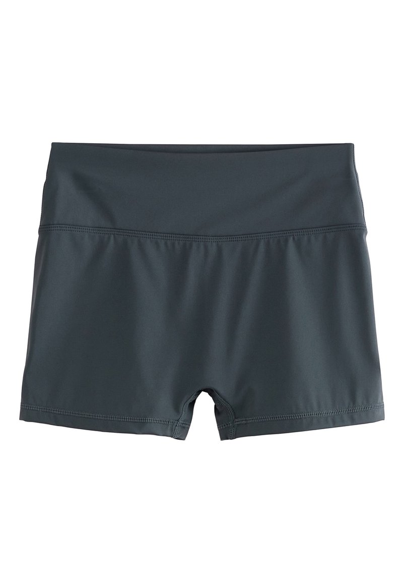 Temno sivi kopalni kratki hlače iz gladkega, raztegljivega materiala. Imajo elastičen pas in všite robove. Dolžina do sredine stegna. Brez vidnih vzorcev.