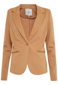 Hnědý, přiléhavý blazer s jedním knoflíkem a dvěma předními kapsami. Vyroben z hladkého materiálu, s klopovým límcem a strukturovanými švy.