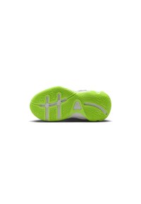 Suela de goma verde con patrones de agarre texturizados, forma curvada y acentos en blanco contrastantes. Diseñada para un rendimiento y tracción óptimos.