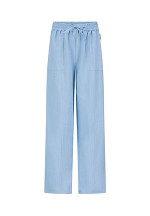 Light blue wide-leg pants with elastic waistband and drawstring, featuring two front patch pockets.