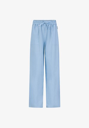 Hellblaue Hosen mit weitem Bein, elastischem Bund und Kordelzug, mit zwei aufgesetzten Taschen vorne.