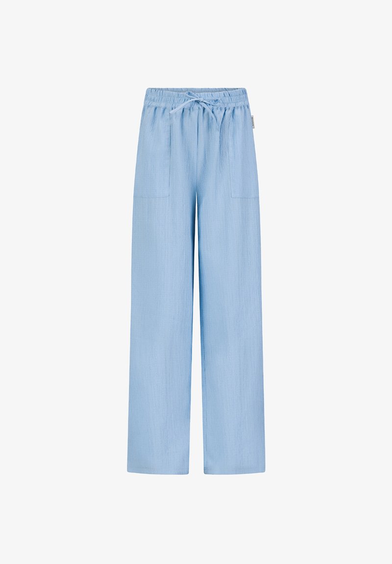 Pantalon ample bleu clair avec taille élastique et cordon de serrage, doté de deux poches plaquées à l'avant.