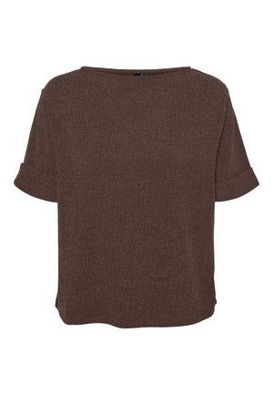 Brun tekstureret kortærmet bluse med op-rullede manchetter og rund halsudskæring, med en løs, kasseformet pasform.