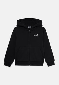 Schwarze Reißverschluss-Hoodie aus weichem Stoff, mit Kapuze, zwei Fronttaschen und einem kleinen weißen EA7-Logo auf der linken Brust.