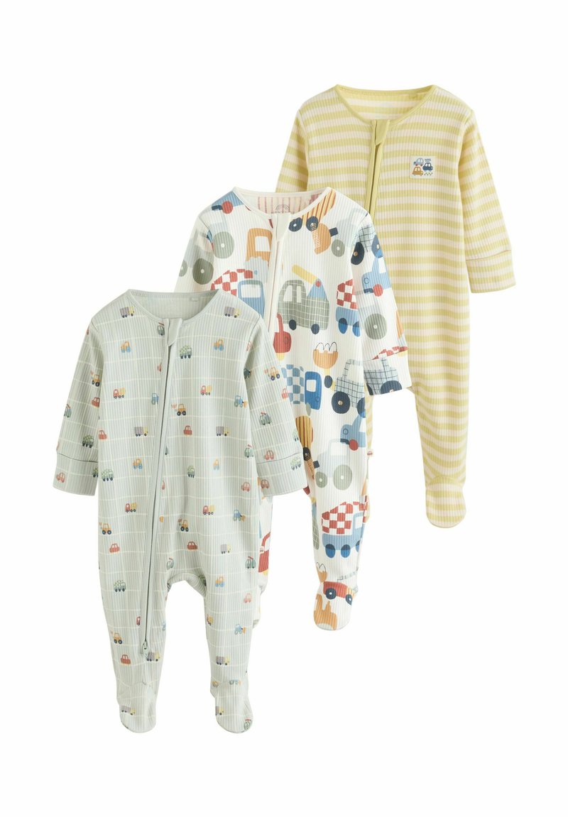 Drei Baby-Bodyanzüge: einer grün mit Fahrzeugmustern, einer cremefarben mit bunten Fahrzeugen und einer gelb gestreift. Baumwollstoff.