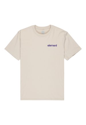 Short-sleeve beige t-shirt made of cotton, featuring a purple "element" logo on the left chest area. Standard crew neck design.