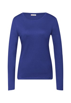 Langärmeliges Hemd in einfarbigem Königsblau aus weichem Stoff. Verfügt über einen runden Halsausschnitt und eine figurbetonte Silhouette. Keine sichtbaren Muster oder Akzente.