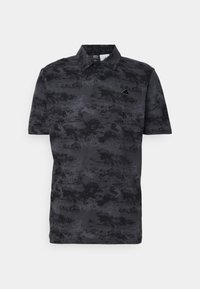 Polo tričko s krátkým rukávem v tmavě šedé barvě s texturovaným vzorem, s límečkem, tříbtným zapínáním a malým logem na hrudi.