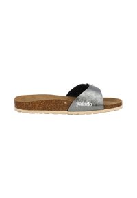 Black and metallic silver slide sandal with cork footbed, beige rubber outsole, and brand name “palado” printed on the strap.