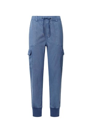 Lichtblauwe denim cargobroek met een elastische tailleband, koord en omgeslagen zoom. Bevat twee zijzakken en rechte pijpen.