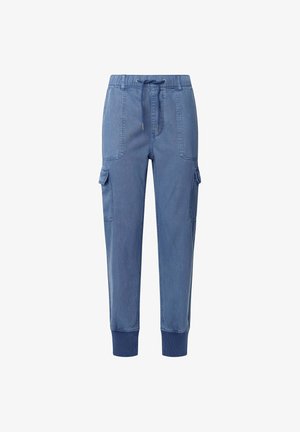 Light blue denim cargo pants with an elastic waistband, drawstring, and cuffed hems. Features two side pockets and straight-cut legs.