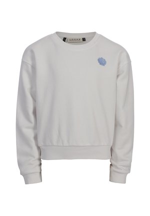 Witte lange mouw sweatshirt met geribbelde manchetten en zoom, voorzien van een kleine blauwe schelpenborduring op de borst.