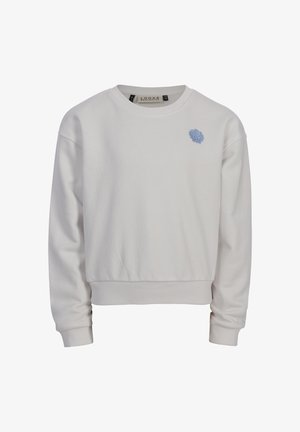 Witte lange mouw sweatshirt met geribbelde manchetten en zoom, voorzien van een kleine blauwe schelpenborduring op de borst.