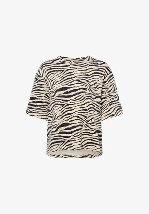 Camicia a maniche corte color crema con strisce zebrate nere; vestibilità rilassata, scollo rotondo e orlo leggermente curvo. Tessuto morbido e leggero.