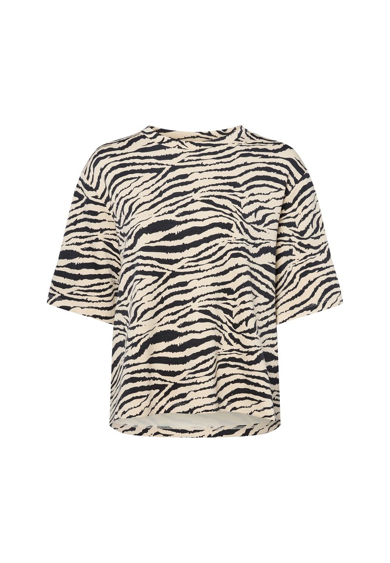Short-sleeve shirt in cream with black zebra stripes; relaxed fit, round neckline, and a slightly curved hem. Soft, lightweight fabric.