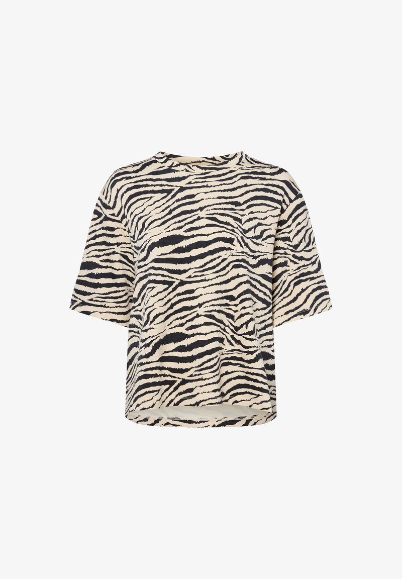 Short-sleeve shirt in cream with black zebra stripes; relaxed fit, round neckline, and a slightly curved hem. Soft, lightweight fabric.