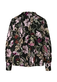 Langärmlige Bluse mit Blumenmuster, die einen schwarzen Hintergrund mit pinken, grünen und burgunderfarbenen Blumenmustern aufweist. Sie hat einen gerafften Ausschnitt und Bündchen.
