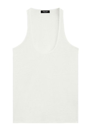 Weißes ärmelloses Tanktop mit Rundhalsausschnitt, minimalistischer Stil und Massimo Dutti Markenlabel innen am Kragen.