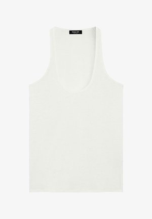 Weißes ärmelloses Tanktop mit Rundhalsausschnitt, minimalistischer Stil und Massimo Dutti Markenlabel innen am Kragen.