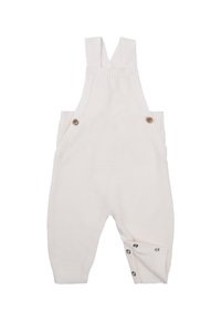 Gebreide witte overalls met verstelbare bandjes, voorzien van houten knoopaccenten en drukknoopsluiting bij het been voor gemakkelijke aankleedmogelijkheden.