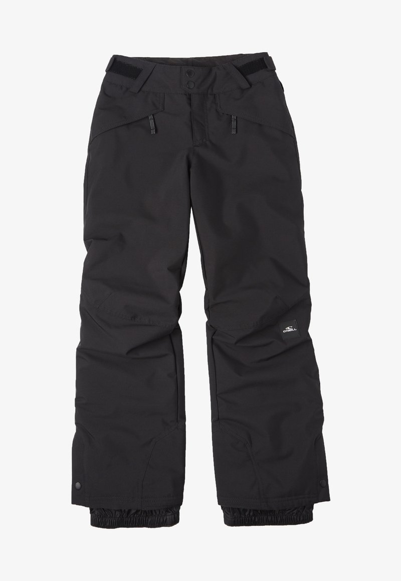 Pantalon de neige isolé noir avec des pattes de réglage à la taille, des poches zippées, des genoux renforcés, des poignets élastiques et le logo O'Neill sur la jambe droite.