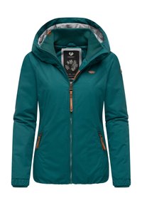 Tamsiai žalia vandeniui atspari striukė su gaubtu, užtrauktuku, dviem šoninėmis kišenėmis ir rudais odos akcentais. Glotnus tekstūra, elastingi rankogaliai ir pamušalu viduje.