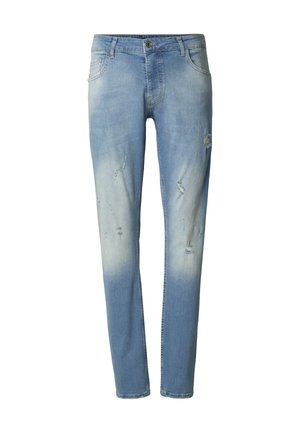 Jeans in denim azzurro chiaro logori con sfumatura graduale, cinque tasche e chiusura con bottone. Presentano strappi visibili e bordi sfilacciati.