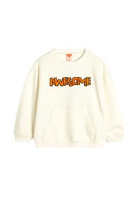 Krämfärgad sweatshirt med avslappnad passform, med en känguruficka och fet "AWESOME"-text i orange. Ribbstickade muddar och nederkant.